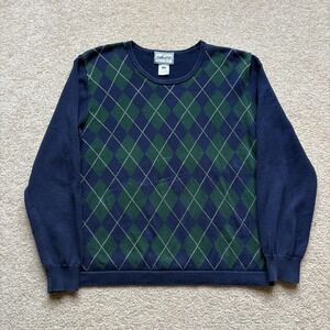 Pendleton Sweater Women's Medium Navy Blue Green Argyle Cotton Crewneck Pullover